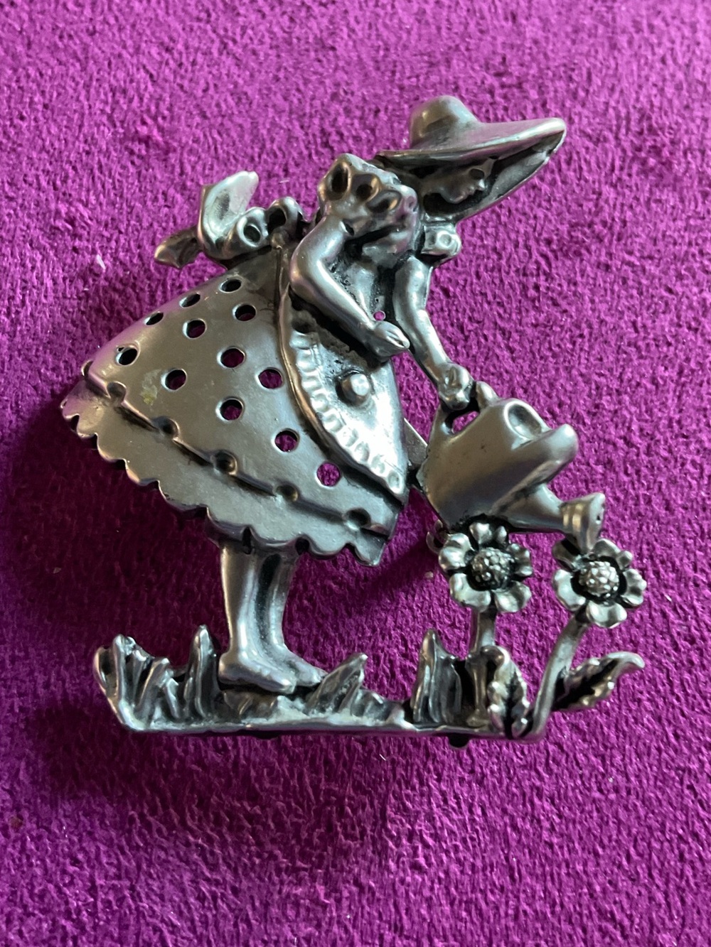 Silver-Tone Girl Watering Flowers Pin Brooch - Silver Accessory